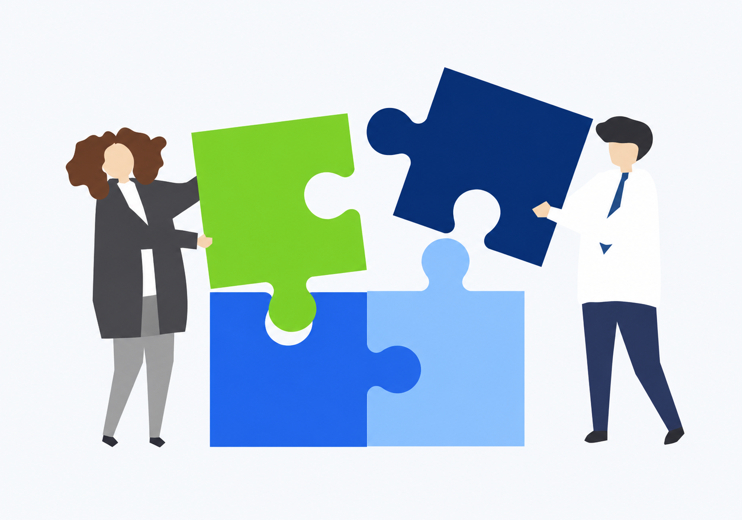 Two professionals connecting puzzle pieces